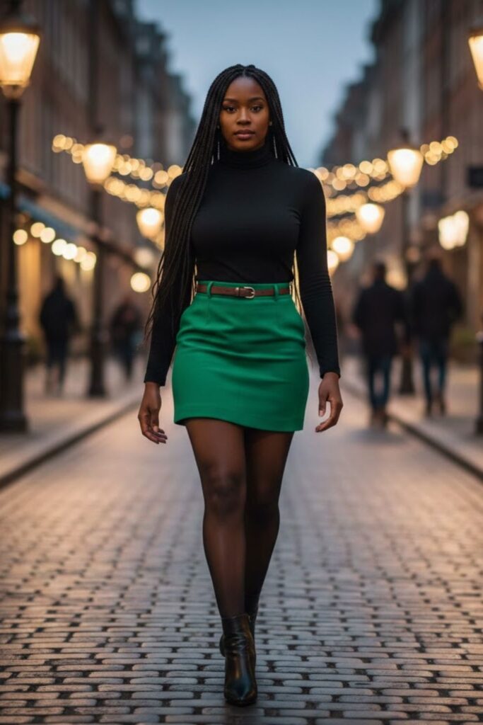 3. Green Mini Skirt with Black Turtleneck