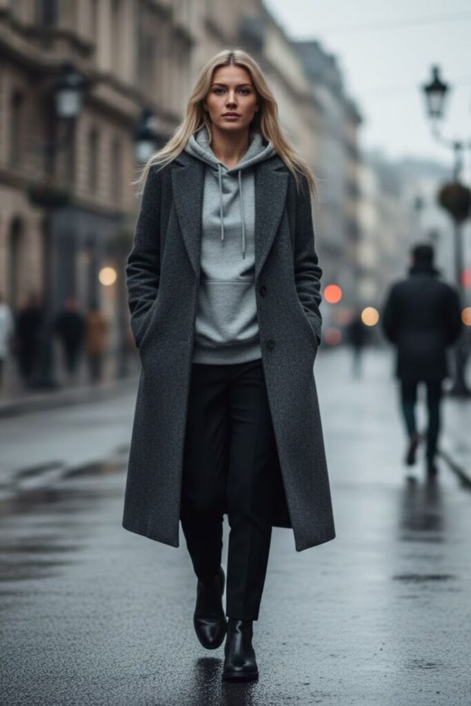 3. Grey Hoodie with Long Coat and Chelsea Boots