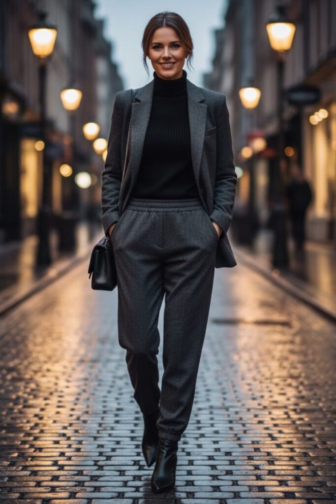 3. High-Waisted Joggers with Turtleneck and Blazer
