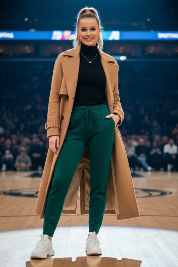 3. Joggers with Fitted Turtleneck and Long Coat
