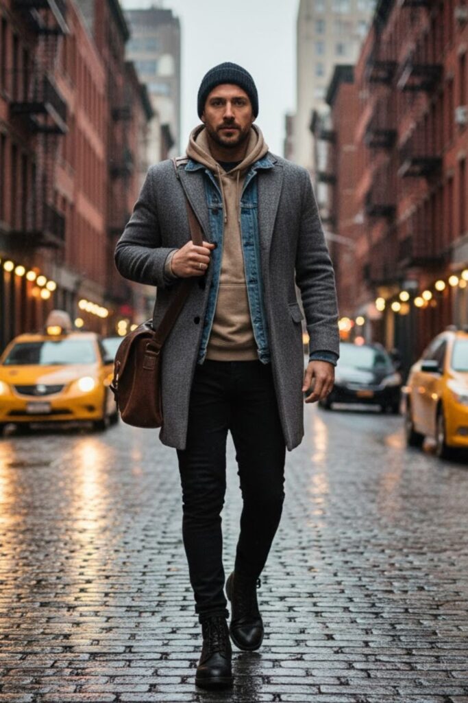 3. Layered Denim Jacket with Overcoat