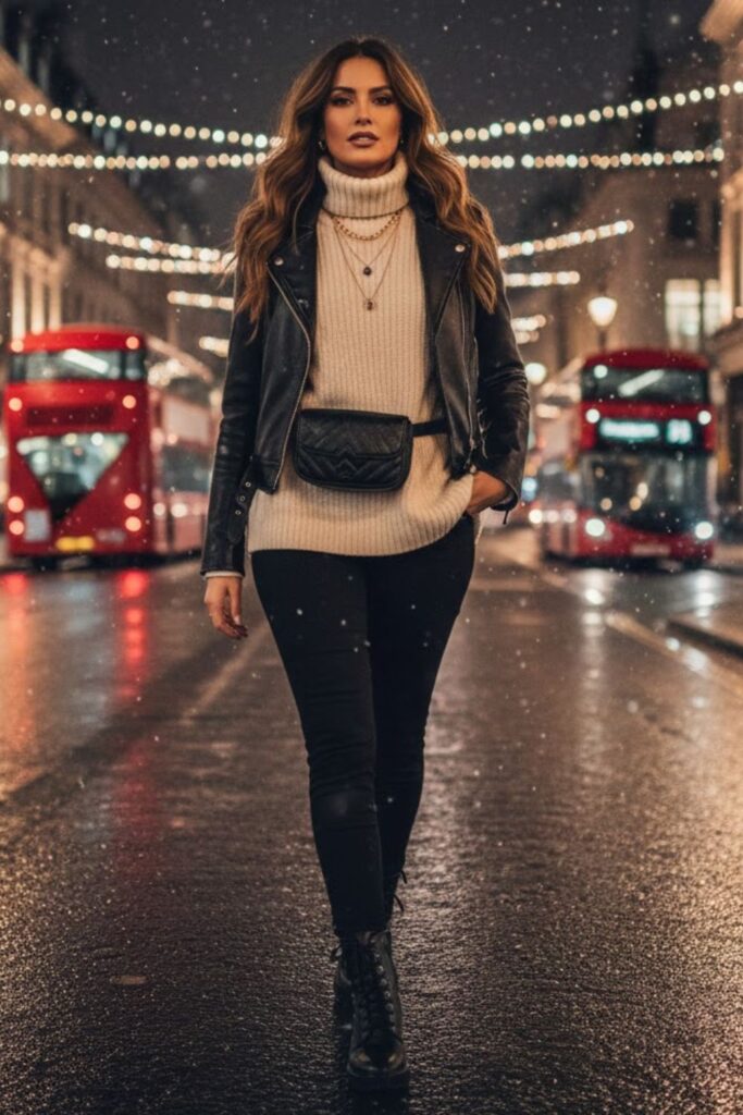 3. Leather Jacket with Knit Sweater and Leggings