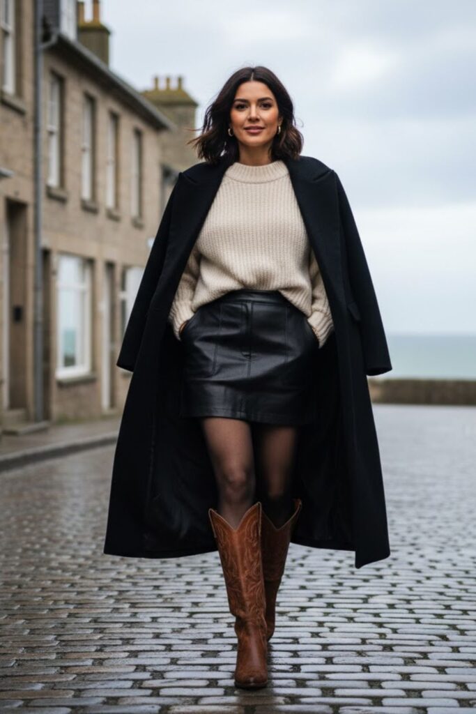 3. Leather Mini Skirt and Oversized Sweater