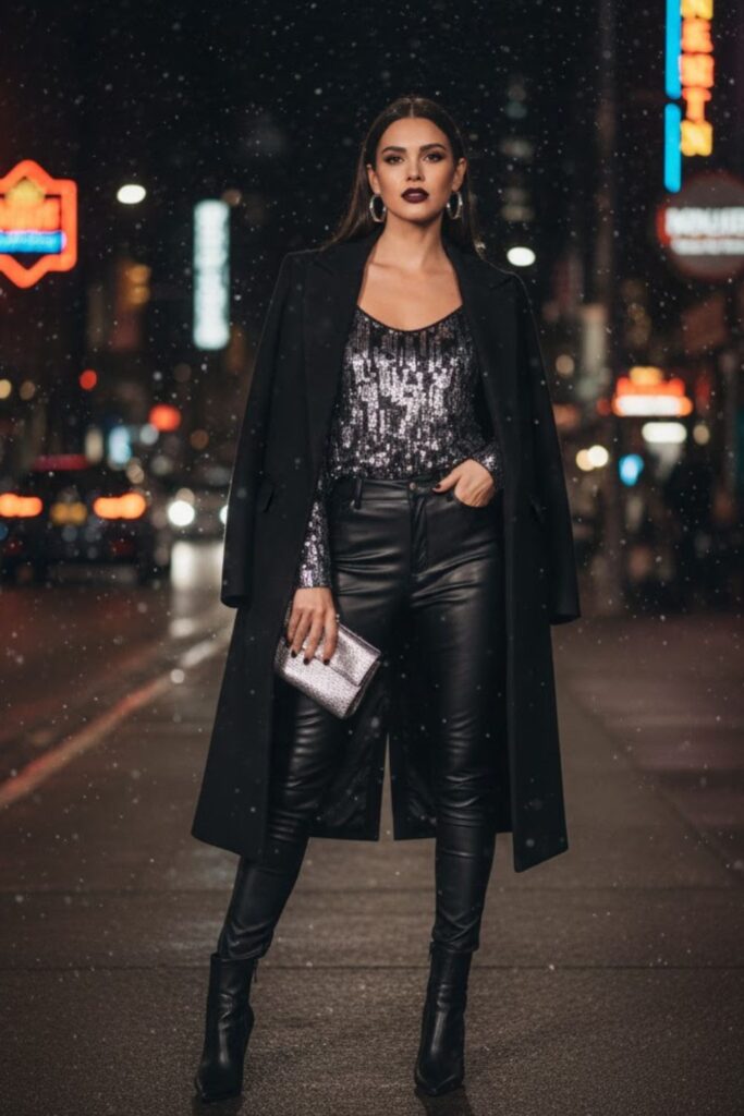 3. Leather Pants with a Sequin Top