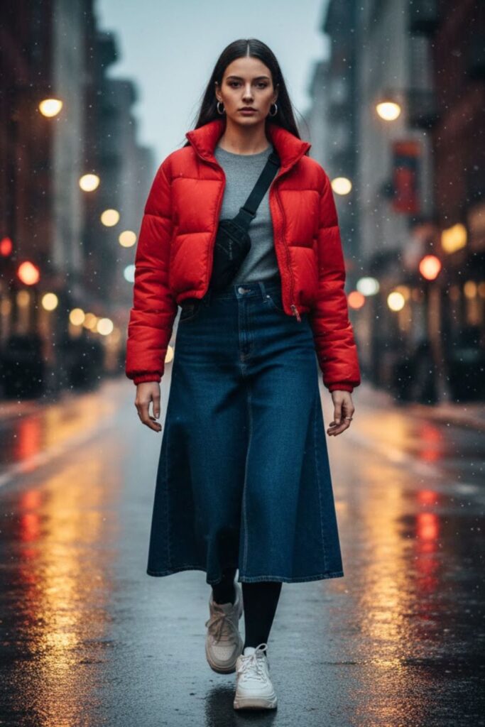 3. Long Denim Skirt with Puffer Jacket