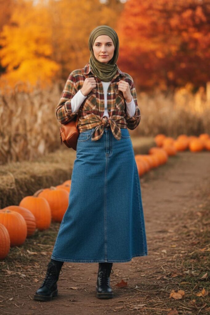 3. Long Denim Skirt with a Plaid Shirt and Combat Boots
