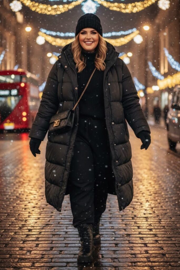 3. Longline Puffer Coat with Joggers and Boots