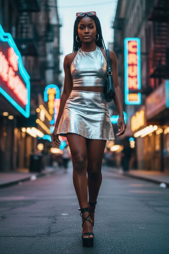 3. Metallic Mini Skirt with Halter Top