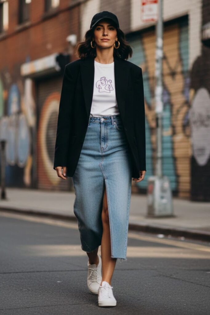 3. Midi Denim Skirt with a Blazer and Sneakers