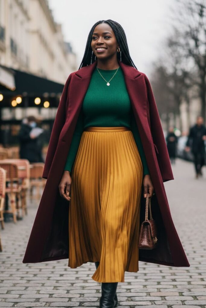 3. Midi Skirt with Fitted Sweater and Longline Coat