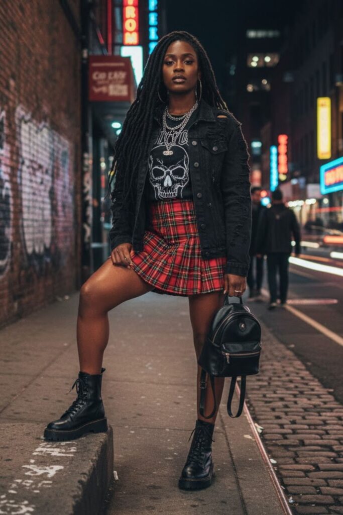 3. Plaid Mini Skirt with Combat Boots