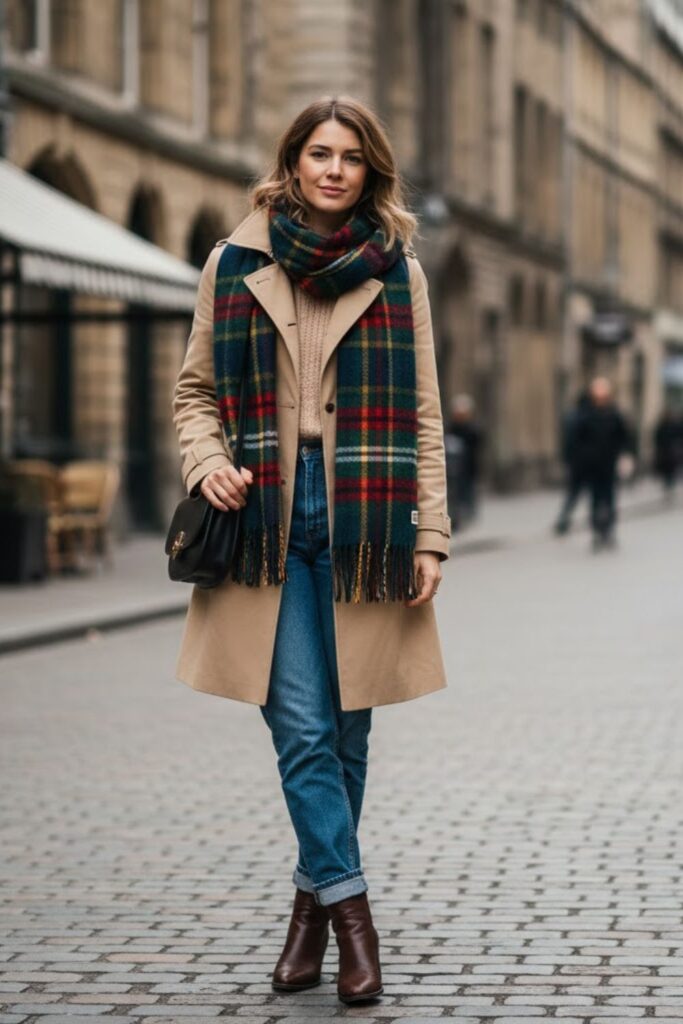 3. Plaid Scarf with Trench Coat and Denim