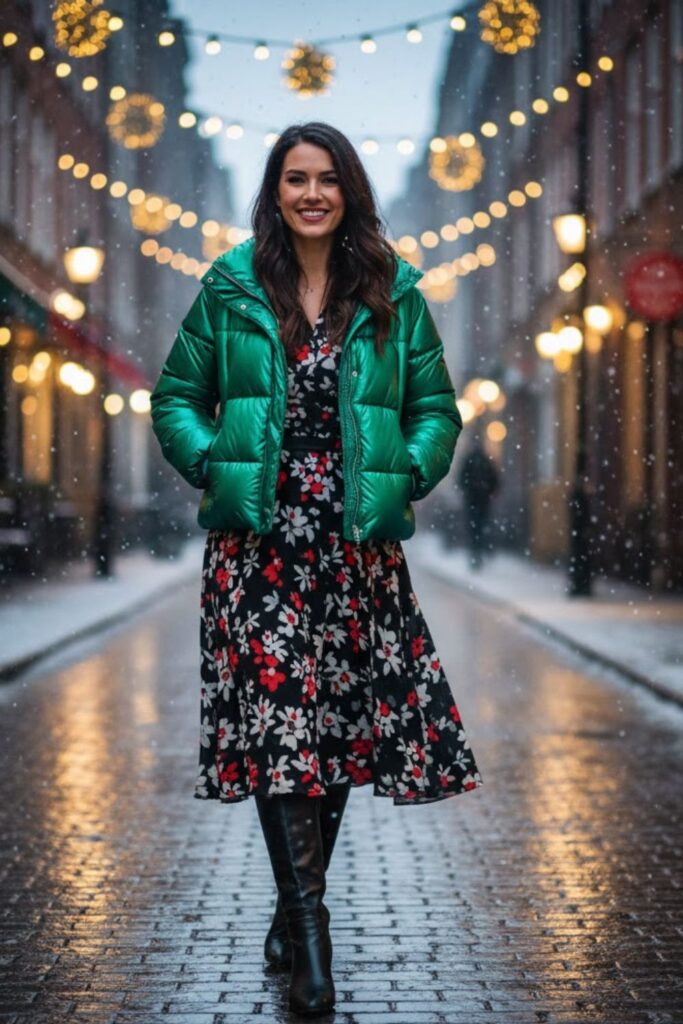 3. Puffer Jacket with Midi Dress