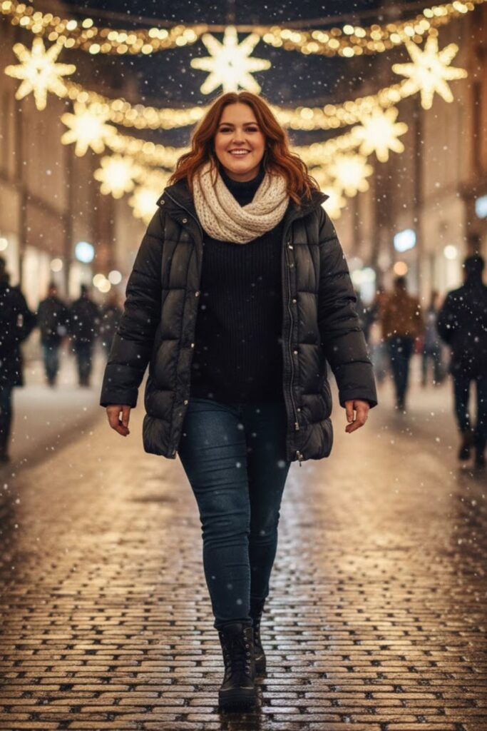 3. Puffer Jacket with Turtleneck and Jeans