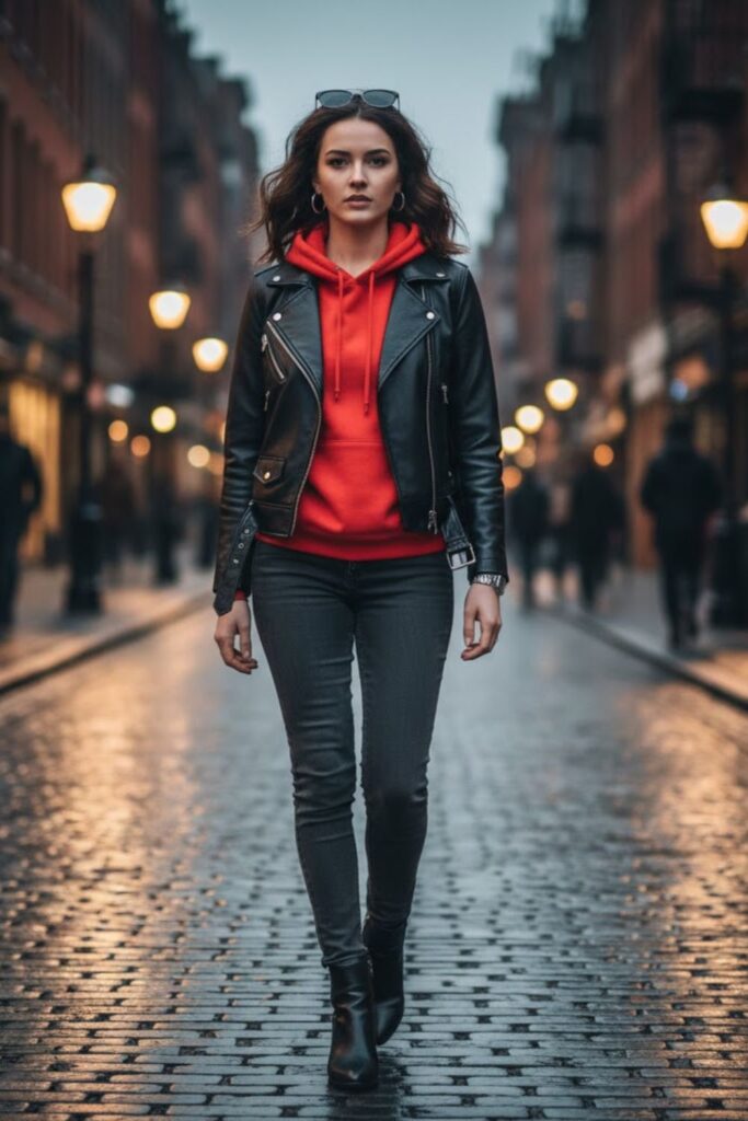 3. Red Hoodie with Leather Jacket and Slim Jeans