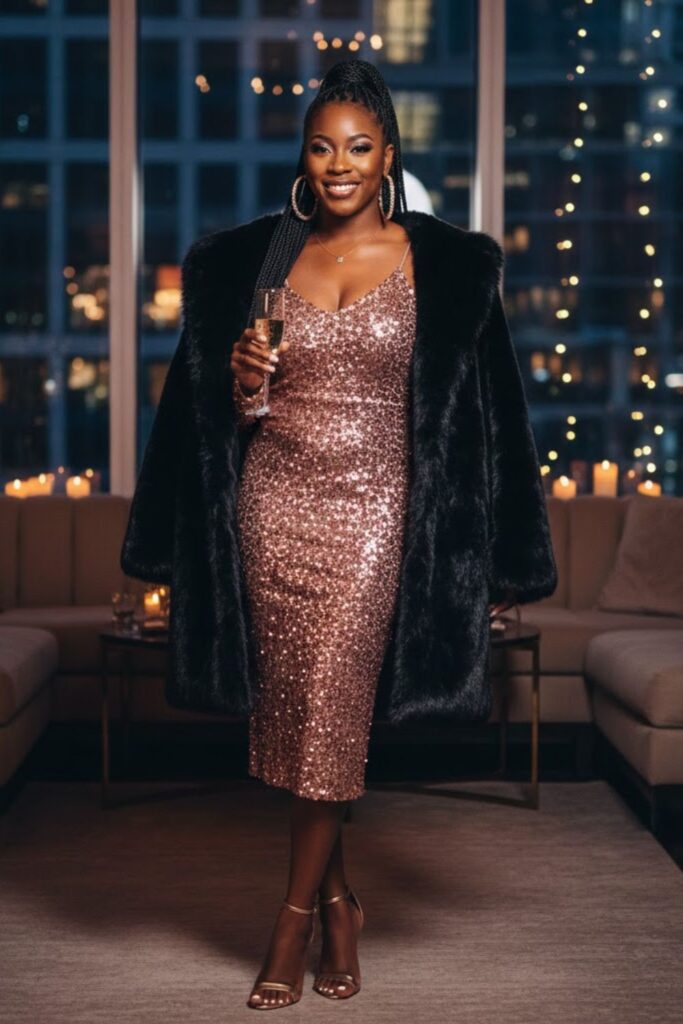 3. Sequin Midi Dress with Faux Fur Coat