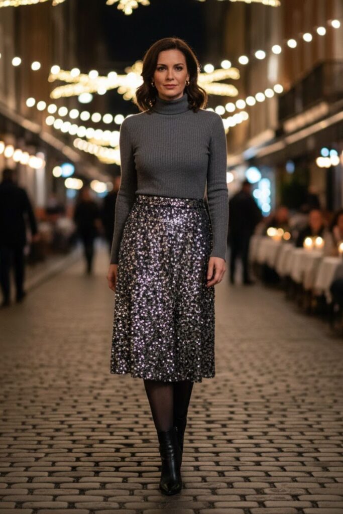 3. Sequin Skirt and Turtleneck Combo