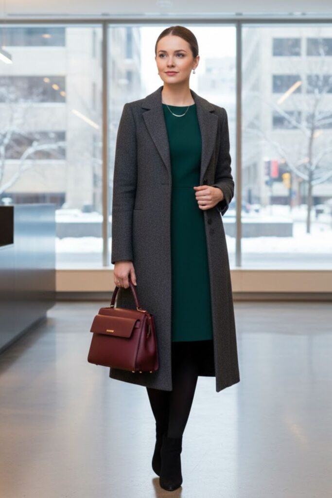 3. Shift Dress with Longline Coat and Tights