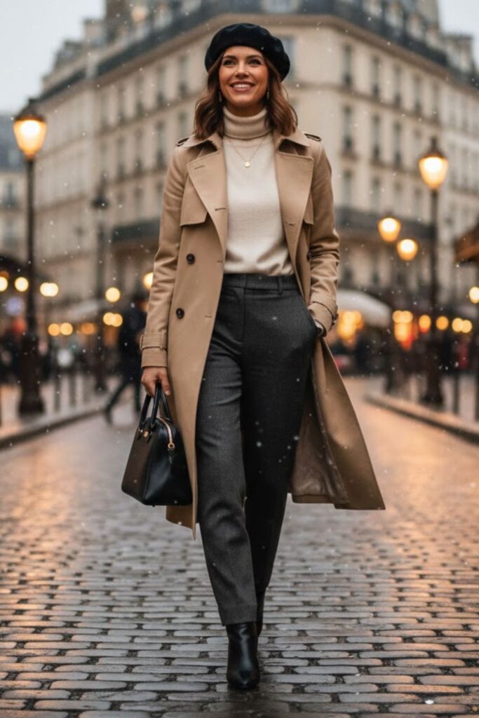 3. Trench Coat with Cashmere Sweater and Tailored Pants