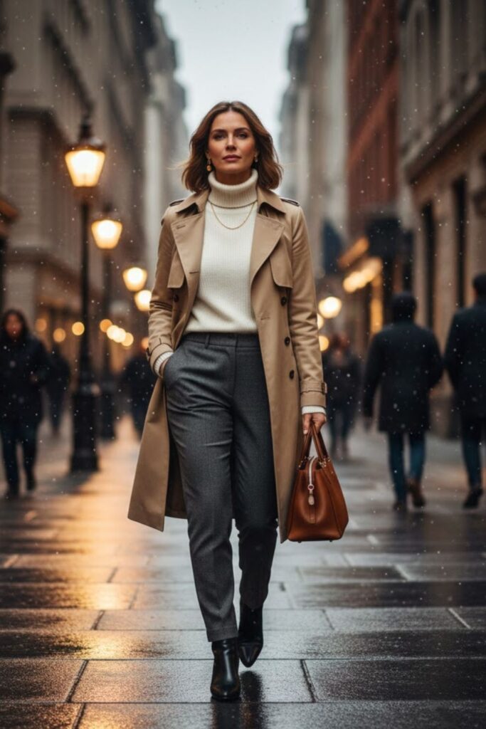 3. Trench Coat with Knit Sweater and Tailored Pants