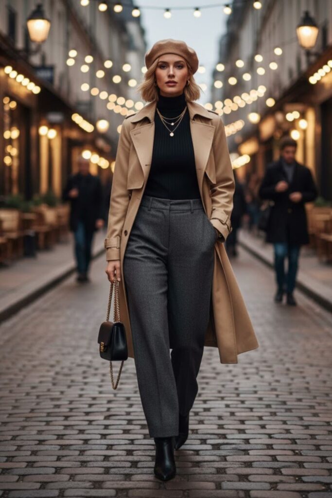 3. Trench Coat with Wide-Leg Trousers