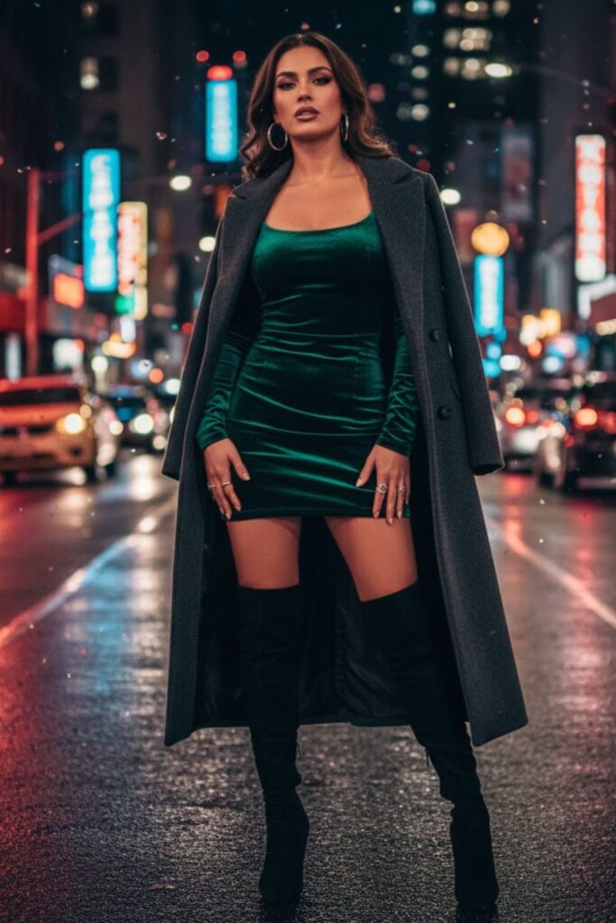 3. Velvet Bodycon Dress with Heeled Boots