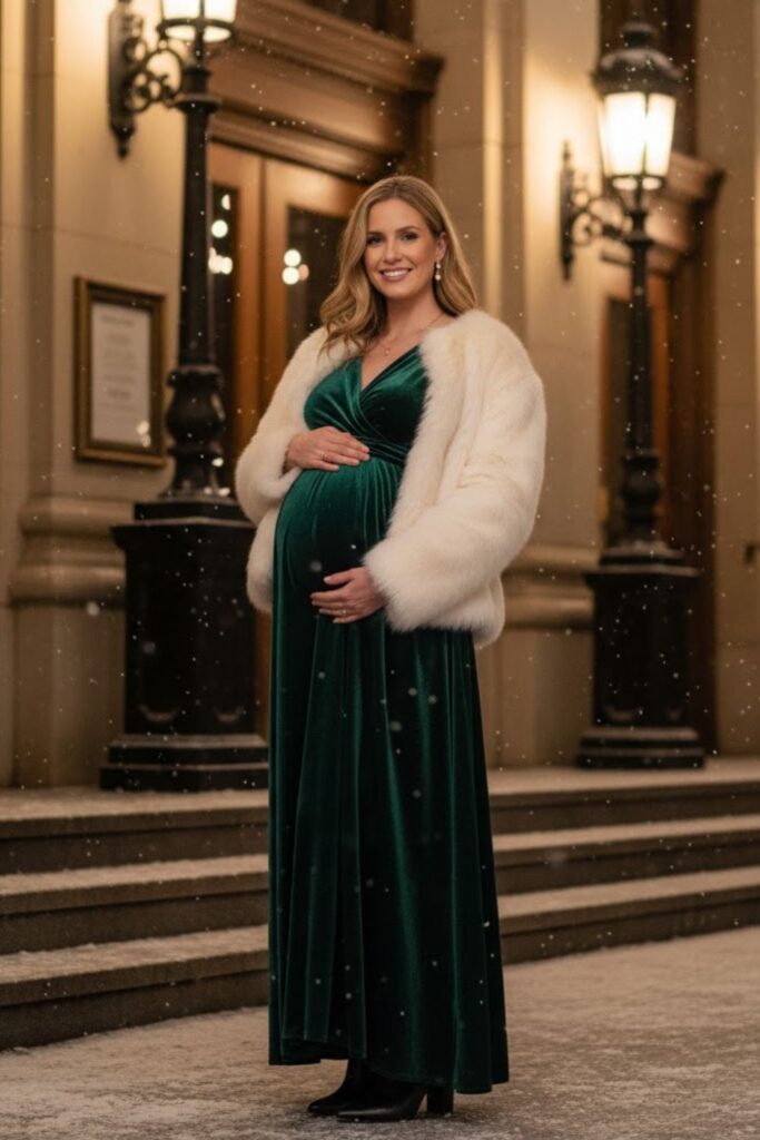 3. Velvet Maternity Maxi Dress with Faux Fur Jacket