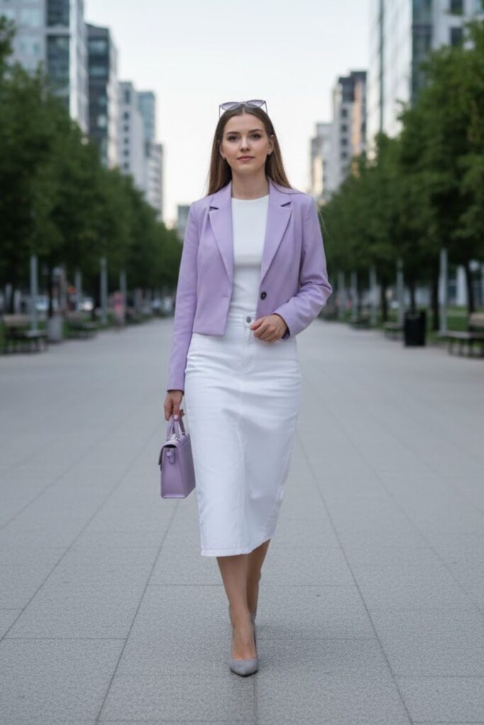 3. White Denim Midi Skirt with a Cropped Blazer