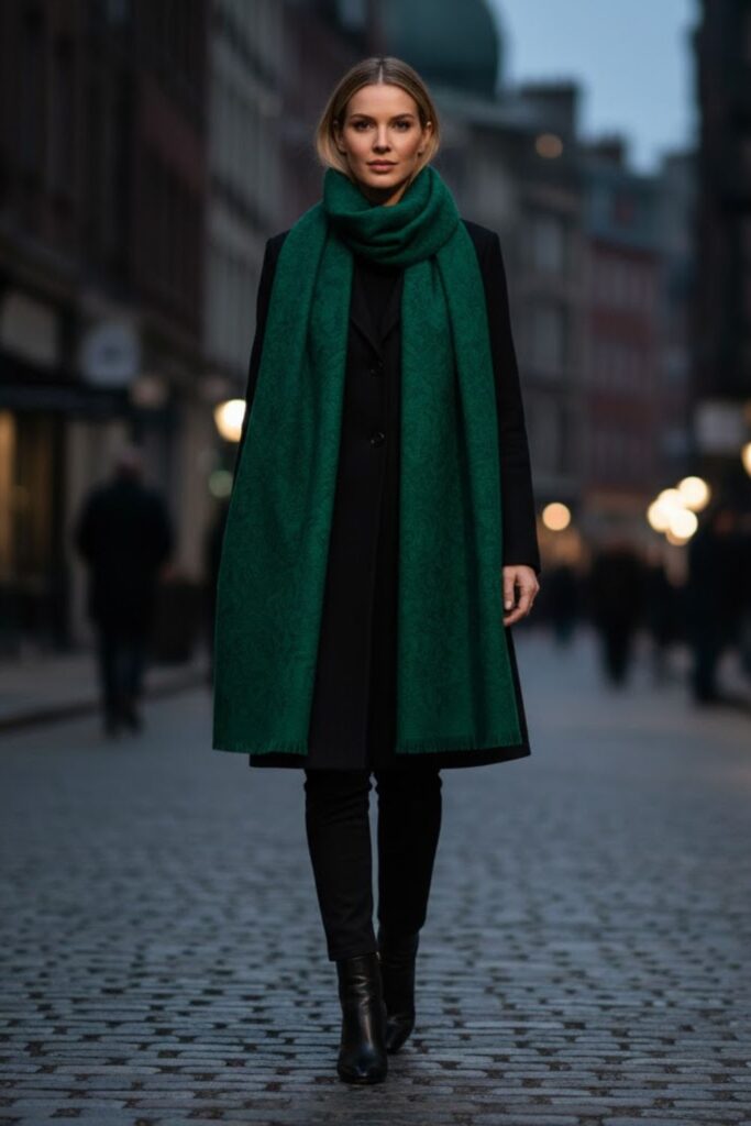 4. All-Black Ensemble with Statement Scarf