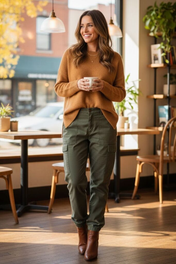 4. Army Green Pants with a Beige Sweater