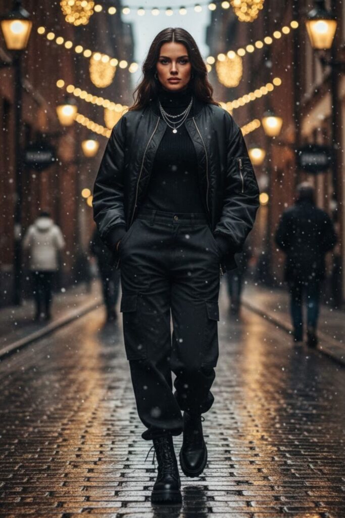 4. Black Bomber Jacket with Wide-Leg Pants
