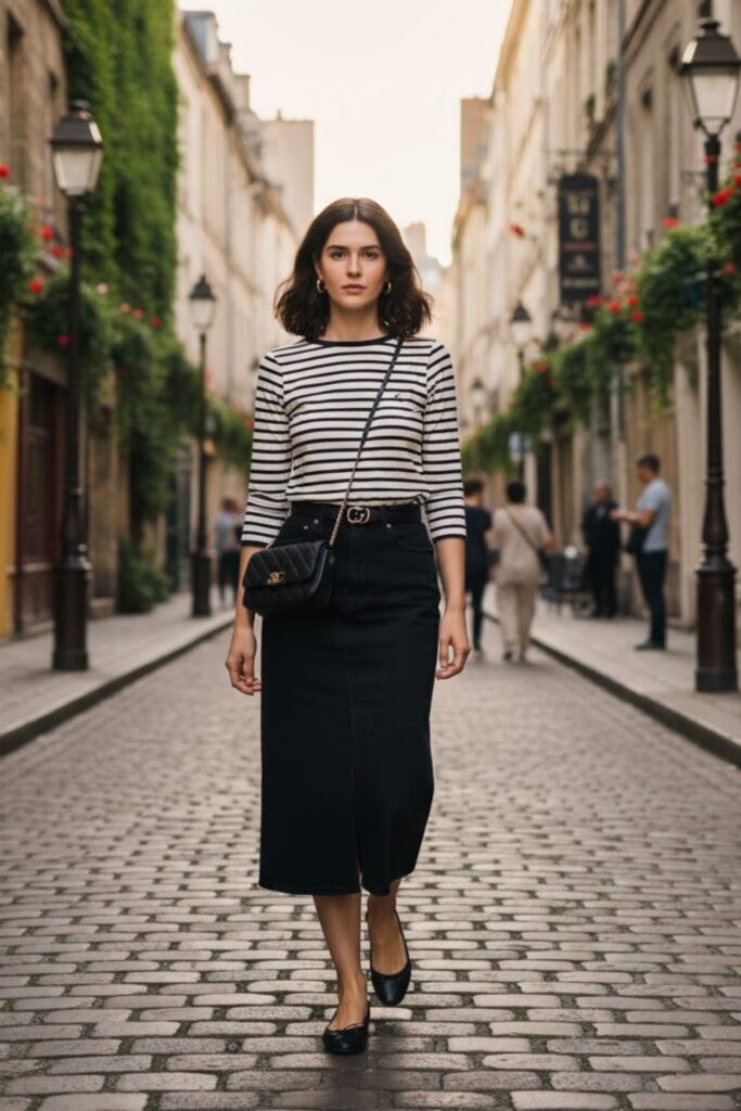 4. Black Denim Midi Skirt with a Striped Long Sleeve Top