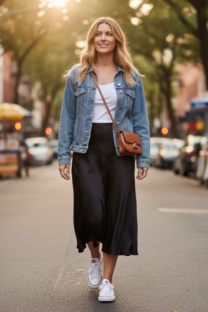 4. Black Silk Midi Skirt with a Denim Jacket