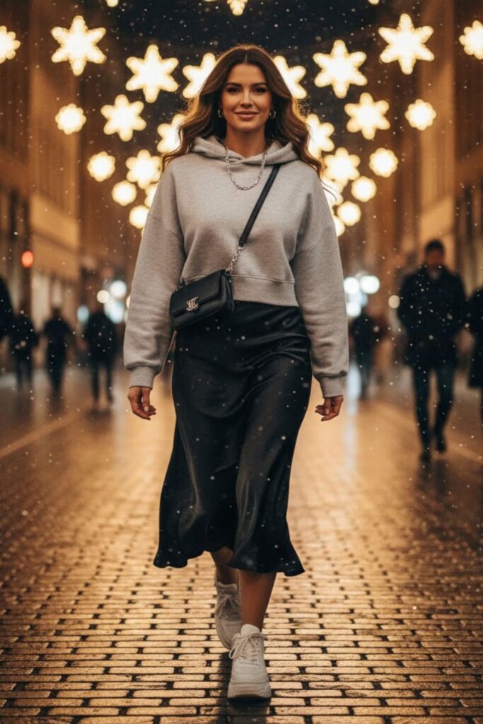 4. Black Silk Skirt with a Cropped Hoodie