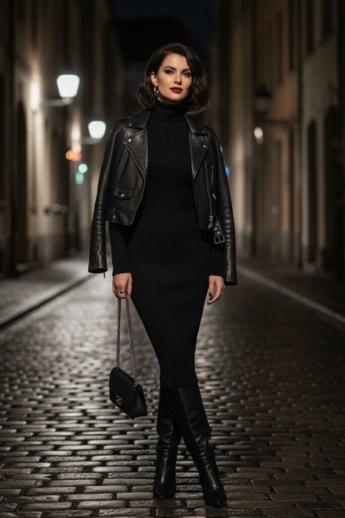 4. Black Turtleneck Dress with Leather Jacket