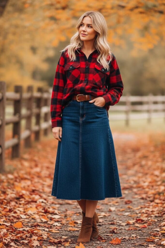 4. Denim Midi Skirt with a Plaid Shirt