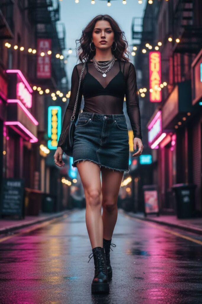 4. Denim Mini Skirt with Mesh Long Sleeve Top