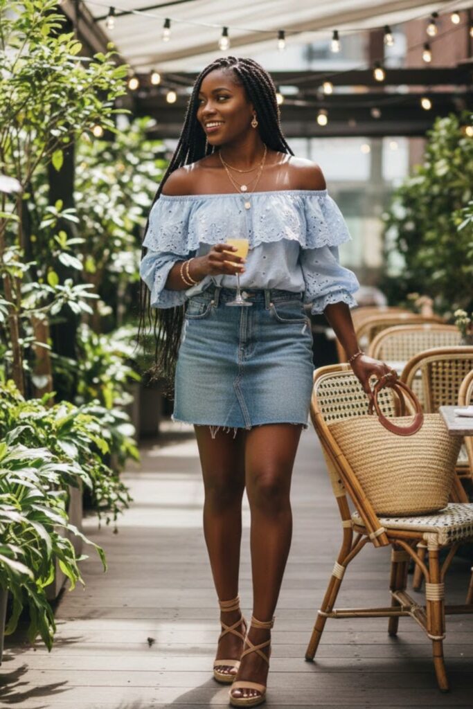 4. Denim Mini Skirt with Off-Shoulder Blouse