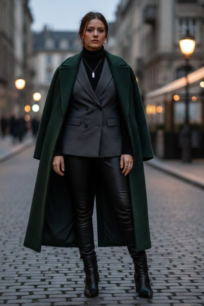 4. Double-Breasted Waistcoat with Turtleneck and Leather Pants