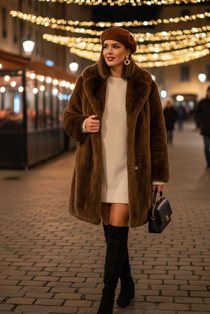 4. Faux Fur Coat with Sweater Dress