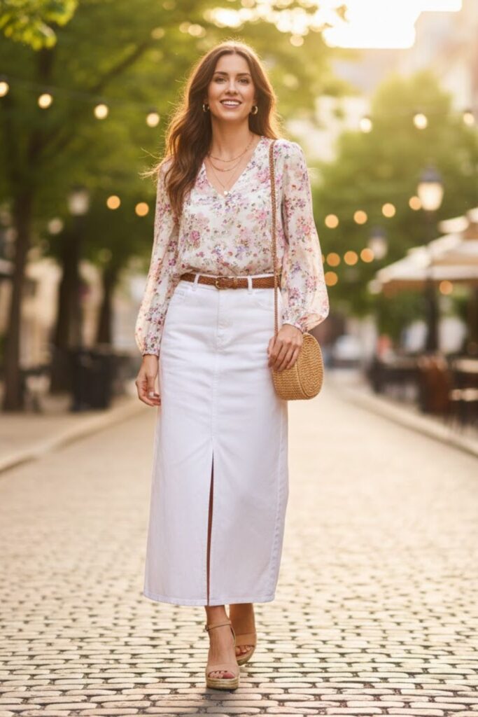 4. Feminine Touch with a Floral Blouse