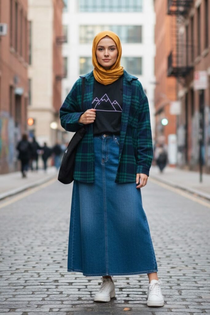 4. Graphic Tee with Denim Maxi Skirt
