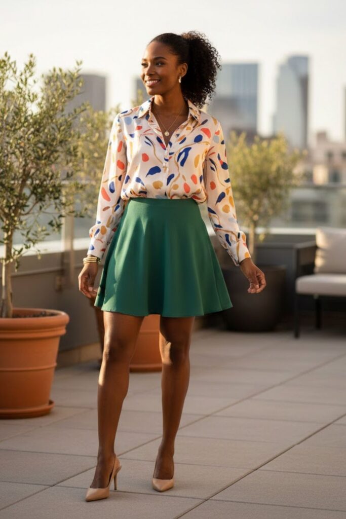 4. Green Mini Skirt with Printed Blouse