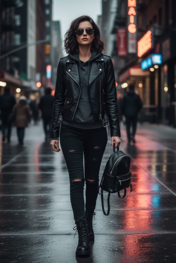 4. Hoodie with Biker Jacket and Black Jeans