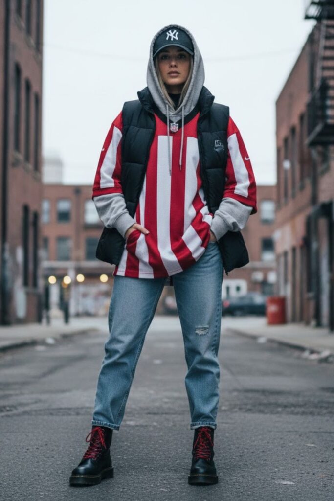 4. Layered Football Jersey with Hoodie and Jeans