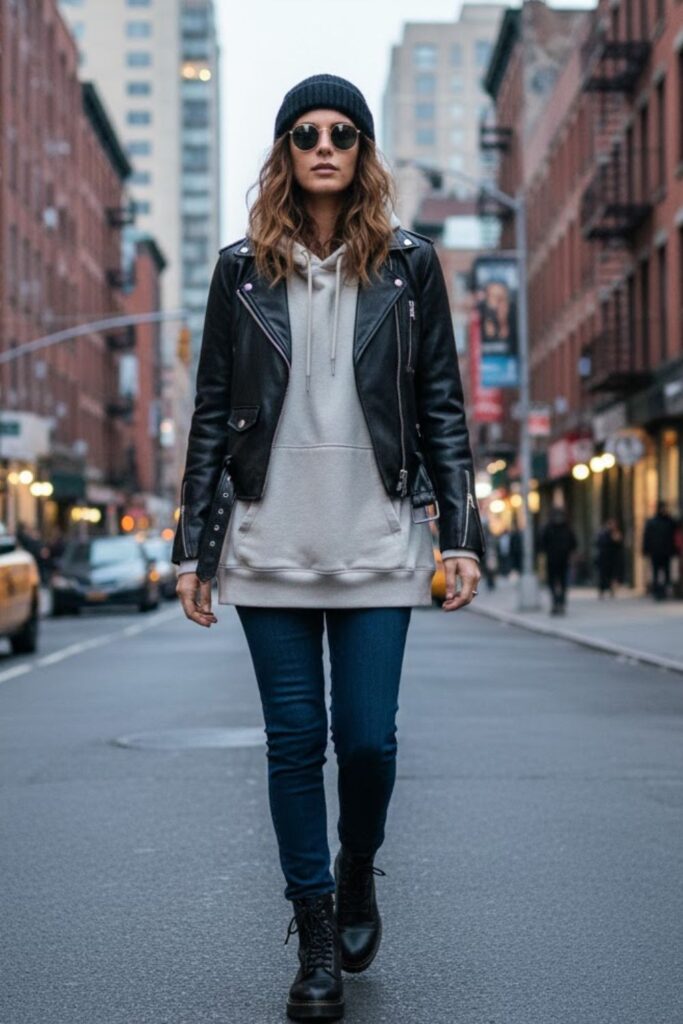 4. Leather Jacket with Oversized Hoodie and Dark Jeans
