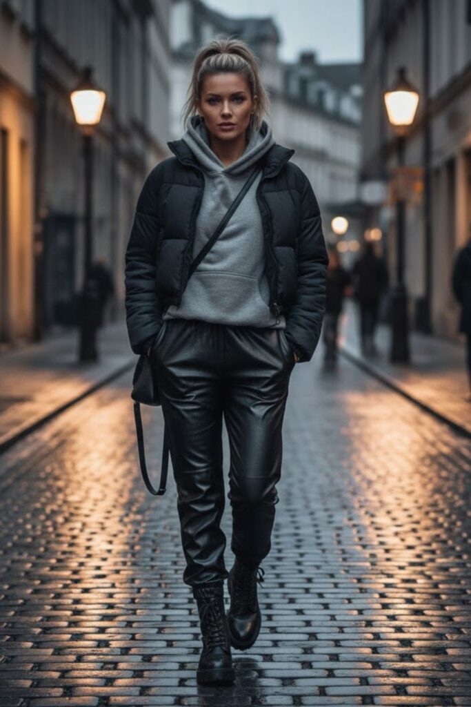 4. Leather Joggers with Hoodie and Puffer Jacket