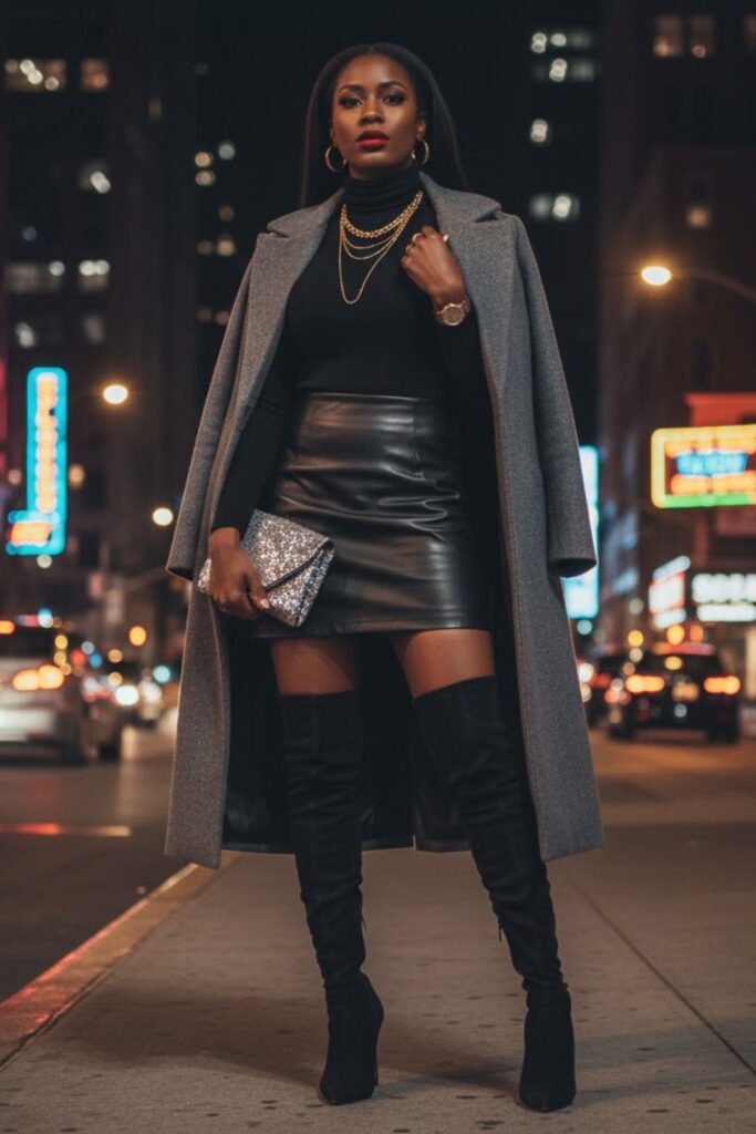 4. Leather Mini Skirt with Over-the-Knee Boots