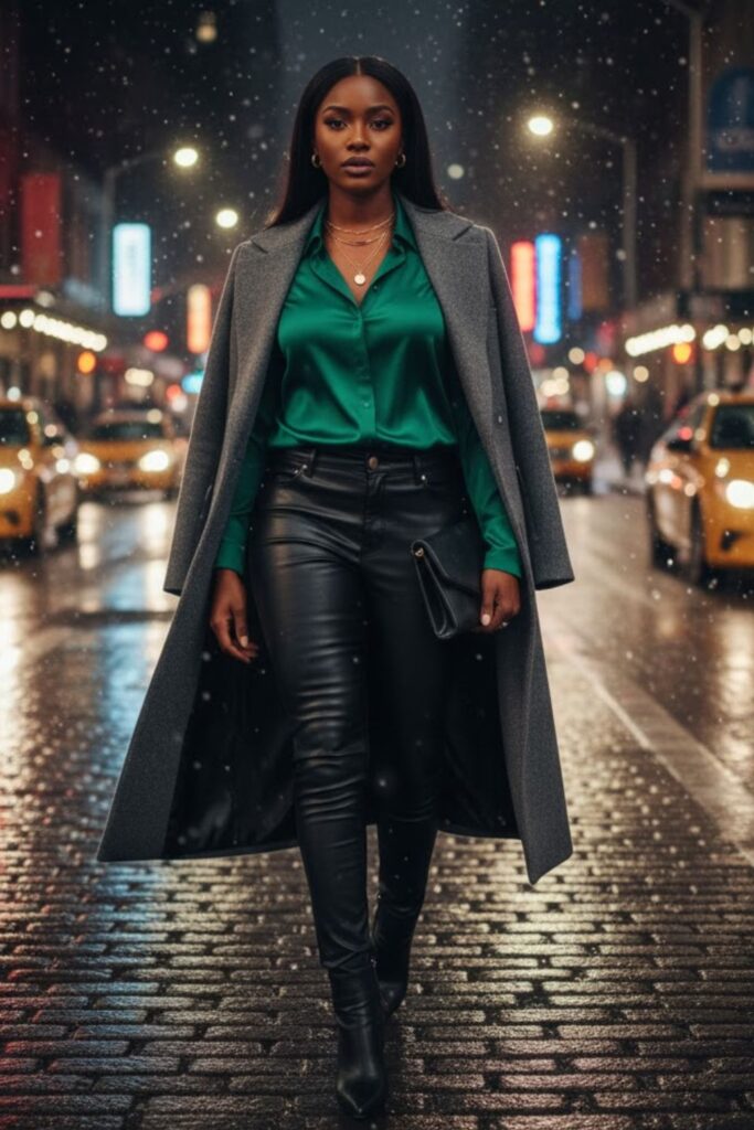 4. Leather Pants with Silk Blouse