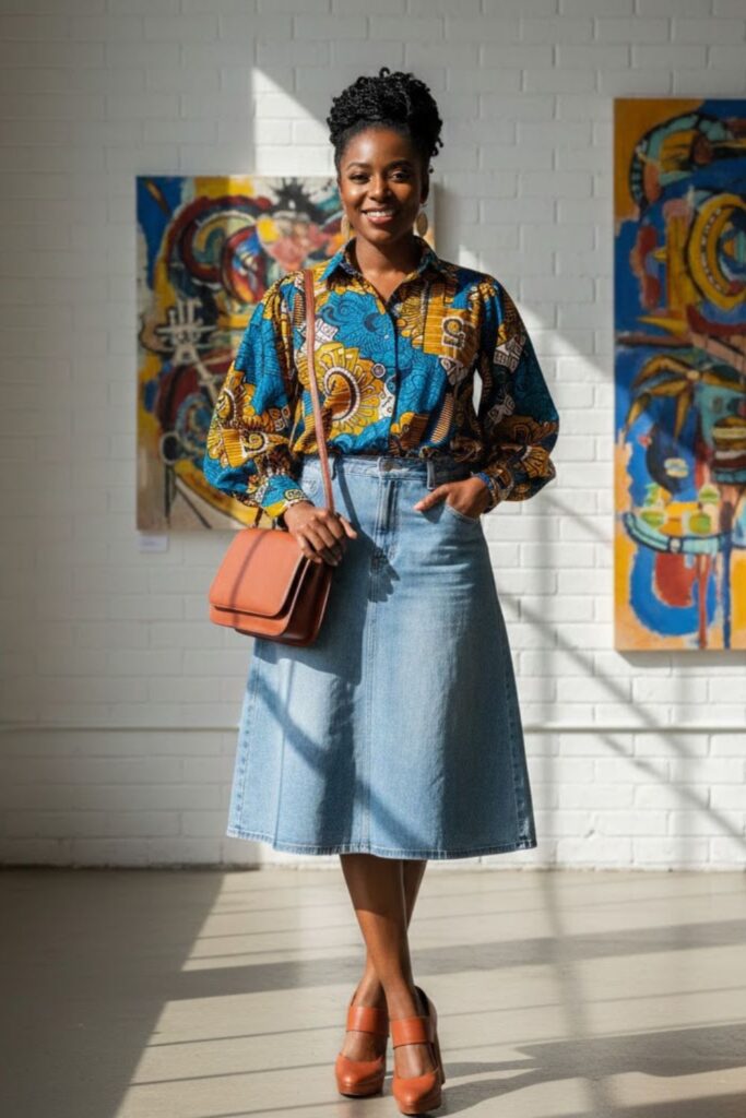 4. Long Denim Skirt with Printed Blouse